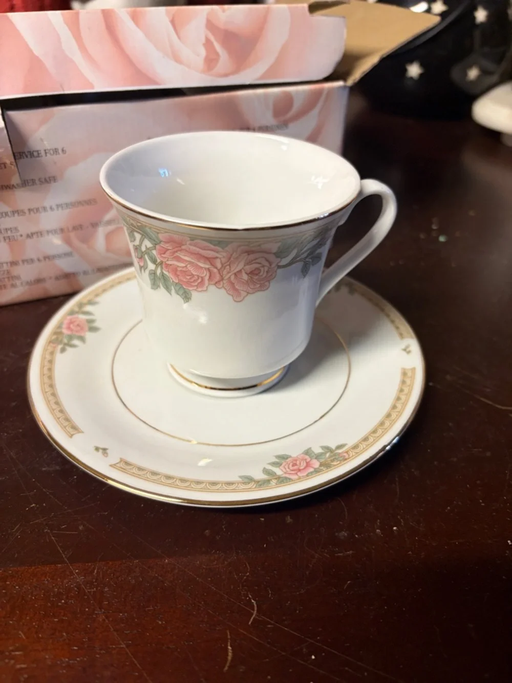 Fine China Pink Rose Cup and Saucer Set - 6pc